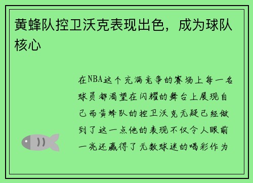 黄蜂队控卫沃克表现出色，成为球队核心