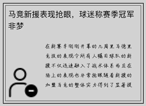 马竞新援表现抢眼，球迷称赛季冠军非梦